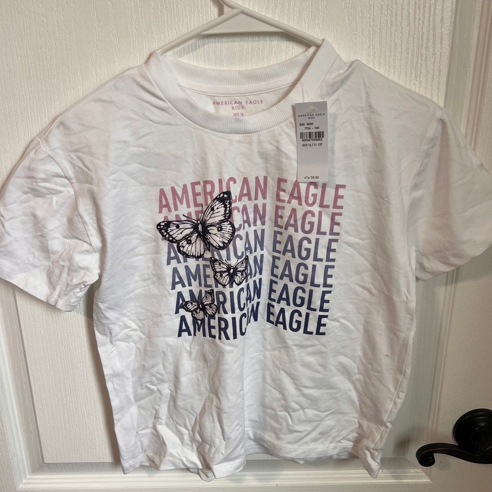 American‎ Eagle Kids White Butterfly Graphic T Shirt Size 14 Girls 11 /12 Years
